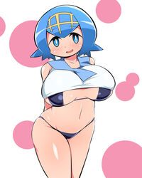 1girls abarabone94 abs aged_up alternate_breast_size big_breasts blue_eyes blue_hair blushing eye_contact female huge_breasts human lana_(pokemon) large_breasts looking_at_viewer micro_bikini mob_face nintendo no_sclera pale-skinned_female pale_skin pokemon pokemon_sm short_hair shortstack swimsuit thick_thighs thighs thong thong_bikini tight_shirt trial_captain underboob unusual_pupils wide_hips