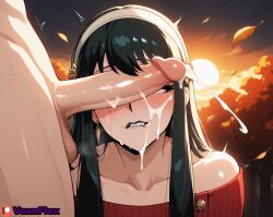 1boy ai_generated bare_shoulders black_hair blush clothed_female_nude_male collarbone cum ejaculation erection facial female hairband hi_res high_resolution highres leaf long_hair nude outdoors patreon patreon_username penis penis_on_face red_sweater sidelocks solo_focus stable_diffusion straight sweater testicles uncensored vexnflex watermark yor_briar