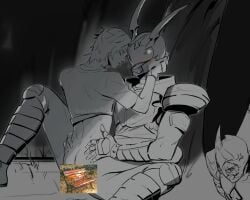 2boys against_tree anal anal_sex anger anger_vein angry antennae armor armored_male ass bench blush blush_lines blushing_through_mask broken_armor broken_helmet censored censored_penis comedic_censorship gay gay_anal hajime_aikawa hand_on_face heart helmet holding_partner holding_waist kamen_rider kamen_rider_blade kamen_rider_blade_(series) kamen_rider_chalice kazuma_kenzaki legs_apart male male/male male_focus male_only mask masked masked_male meme monochrome monster_on_human monster_on_male multiple_images neck_length_hair necklace on_grass on_ground on_lap partially_clothed saliva saliva_string shirt shirt_lift sitting sitting_on_lap sketch spades sweat sweatdrop sweating tragicadvent tree yaoi