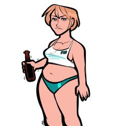 alcohol alcoholic_drink angry angry_expression angry_face angry_female annoyed annoyed_expression belly belly_button blonde_female blonde_hair blue_eyes blue_panties bottle breasts casual casual_clothes chubby chubby_female drunk drunk_female eye_bags fan_design fantastic_four female female_only invisible_woman light-skinned_female light_skin looking_at_viewer marvel marvel_comics midriff milf minimal_clothing navel ohm_(p3rf3ct_c3ll) panties short_hair shortstack sideboob stretch_marks sue_richards sue_storm tank_top thick thick_thighs thighs white_background wife