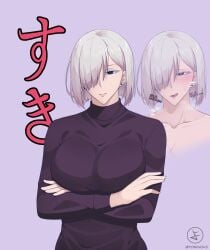 2d 2d_artwork arms_folded arms_under_breasts bangs bangs_over_one_eye black_eyes breasts_bigger_than_head curvy curvy_female earring fanart fanart_from_twitter female female_focus female_only fiona_frost hair_over_one_eye heart-shaped_pupils horny horny_female inner_thoughts japanese_text licking_lips naughty_smile panting serious_face serious_look short_hair spy spy_x_family stoic sweat sweatdrop turtleneck turtleneck_sweater twitter white_hair white_hair_female yonda545