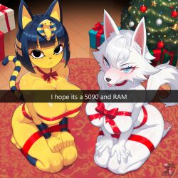 2girls :< ai_generated animal_crossing ankha ankha_(animal_crossing) blep blue_eyes christmas cleavage egyptian egyptian_headdress fake_screenshot female female_only furry furry_only gift_bow gift_wrapped huge_breasts large_breasts looking_at_viewer present_wrap ribbon ribbon_bondage seiza skindentation thick_thighs white_body white_fur whitney_(animal_crossing) yellow_body yellow_fur zorkpics