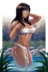 1girls abs arm_behind_head artist_logo artist_signature athletic_female avatar_legends bare_shoulders bathing biceps big_breasts black_hair blue_eyes breasts casual chest_wraps cleavage clothed clothing dark-skinned_female dark_skin female female_only hair_down hand_on_breast human iahfy knee_deep korra large_breasts lily_pad loincloth long_hair looking_at_viewer midriff muscular_female open_mouth outdoors patreon_username pinup pond posing public reeds side_view solo standing teeth the_avatar the_legend_of_korra thick_thighs tomboy toned twitter_username wading water water_tribe wet wet_hair wet_skin