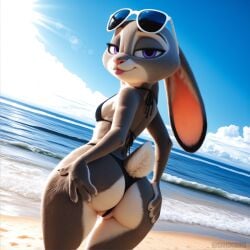 4_fingers ai_generated anthro ass beach bedroom_eyes big_butt bikini bikini_top black_bikini black_clothing black_swimwear blep breasts clothed clothing cloud detailed_background disney ears_down eyelashes eyewear eyewear_on_head female fingers fur genitals grey_body grey_fur half-closed_eyes hand_on_butt hand_on_own_butt hi_res holding_butt judy_hopps lagomorph leporid long_ears looking_at_viewer looking_back looking_back_at_viewer mammal multicolored_body multicolored_ears multicolored_fur narrowed_eyes outside pink_nose pivoted_ears portrait presenting presenting_hindquarters purple_eyes pussy pussy_floss rabbit rear_view sand sea seaside seductive short_tail side_boob skimpy sky smile solo standing string_bikini sunglasses sunglasses_on_head swimwear tail three-quarter_portrait tongue tongue_out two_tone_body water white_body white_fur zootopia