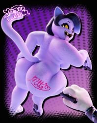 3d 3d_(artwork) anthro artist_logo big_ass big_breasts big_butt black_border body_writing cat catty_(undertale) catty_cattenheimer feet female focus furry gradient_background hand_on_hip holding_marker holding_object mettaton naked on_one_leg paws pov purple_background purple_body purple_fur sideboob signature simple_background undertale undertale_(series) writing_on_ass writing_on_body writing_on_butt yaarnwurm
