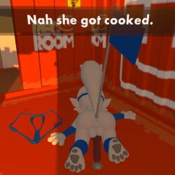 3d 3d_(artwork) alternate_version_available anal_insertion anal_object_insertion anthro anthro_only arm_warmers balls ballsack big_tail canine_genitalia canine_penis clothing_aside cum dialogue dickgirl erect_penis face_down_ass_up feline_humanoid flag flag_in_ass furry furry_futa furry_only futa_only futanari grey_pawpads high_quality knot knotted_penis leaking_cum leg_warmers on_the_floor passed_out pawpads paws penis raised_tail rec_room self_upload shaded sunny_(melodynotmel) syntholsoul text throbbing throbbing_penis white_body white_fur