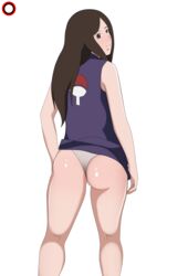 ass back_view black_eyes bottomless brown_hair cristalmanor female female_only long_hair looking_at_viewer looking_back mole mole_under_eye naruto naruto_(series) naruto_shippuden panties smile uchiha_izumi uchiha_symbol white_background