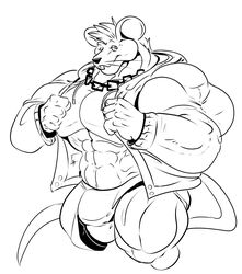 2017 aidan_mouse anthro big_bulge big_muscles bulge clothing fierglief hi_res hoodie huge_bulge huge_muscles hyper hyper_bulge hyper_muscles jewelry line_art looking_at_viewer male male_only mammal monochrome mouse murid murine muscular necklace rodent solo topwear underwear