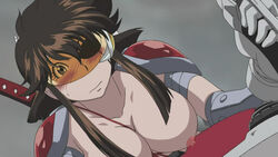 armor blush breasts brown_hair eye_patch eyewear gloves hair katana koutetsu_jeeg koutetsushin_jeeg motorcycle nipples nude nude_filter photoshop pointy_chin short_hair sword uncensored vehicle weapon yagyu_mitsuko