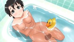 akane_asahina alone bath bath_toy bathing bathtub black_hair blush blushed blushing blushing_at_viewer blushing_profusely breasts grey_eyes horny horny_female kanokon lonely looking_up nipples nude perky_breasts pointy_chin relaxed relaxing round_breasts rubber_duck short_hair small_breasts submerged thick_thighs younger_female