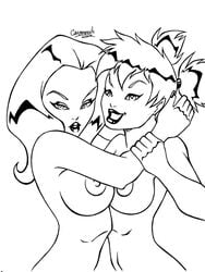 2girls anya_uribe assesina batman_(series) big_breasts breasts catsmeow dc dc_comics female female_only harleen_quinzel harley_quinn monochrome nipples pigtails poison_ivy supervillainess tagme villain villainess yuri