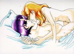 2girls about_to_kiss breasts eyes_covered female human in_bed juri_arisugawa laguzinthelake large_breasts leaning_over lesbian light-skinned_female light_skin long_hair lying_on_side multiple_girls nude orange_hair purple_hair revolutionary_girl_utena shiori_takatsuki short_hair yuri