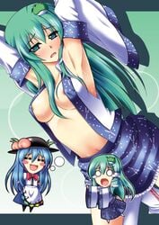 areolae armpits arms_up blue_hair blush breasts chibi detached_sleeves female female_only green_hair hat human imagining long_hair multiple_females multiple_girls niku_soukyuu nipple_slip nipples no_bra open_clothes open_shirt sanae_kochiya shirt tenshi_hinanawi touhou yuri