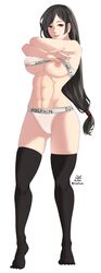 1girls areolae big_breasts black_hair breasts female female_only final_fantasy final_fantasy_vii long_hair looking_at_viewer nipples no_shoes panties red_eyes simple_background smile solo stockings thighhighs tifa_lockhart treeofbless underwear undressing white_background