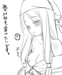 clothing hijiri_tsukasa long_hair medium_breasts monochrome nipple_slip nipples pointy_chin sfiel sphere suikoden suikoden_tierkreis translation_request