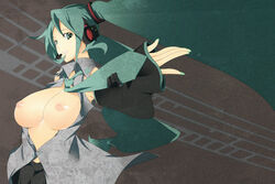 breasts detached_sleeves green_eyes green_hair hatsune_miku headset large_breasts long_hair nail_polish nanao necktie nipples open_clothes open_shirt shirt tied_hair twintails vocaloid