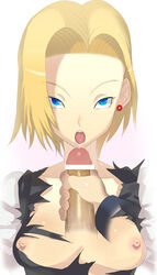 android_18 bitchen blonde_hair breasts censored dragon_ball dragon_ball_z earrings highres imminent_facial looking_at_viewer nipples open_mouth penis pov straight_hair torn_clothes