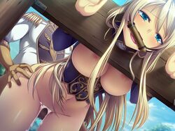 1boy bit_gag blonde_hair blue_eyes bottomless breasts breasts_out censored crying cum cum_in_pussy cum_inside dutch_angle female femsub gag gagged game_cg humiliation kantaka large_breasts long_hair maledom mashou_no_nie mashou_no_nie_3 mireille_von_austria navel nipples pillory rape sex tears