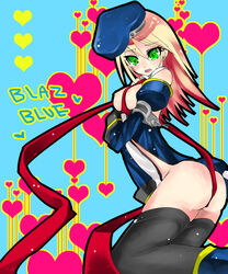 akira_kichi ayakichi beret black_legwear black_thighhighs blazblue blonde_hair breasts detached_sleeves gloves green_eyes hat highres nipples no_bra no_panties noel_vermillion open_clothes open_shirt ribbon shirt sweat tear thighhighs title_drop