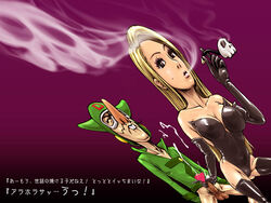 1girls blonde_hair boyacky censored doronjo female japanese_text leotard male penis smoking text time_bokan_(series) yatterman