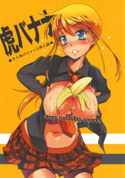 banana between_breasts blonde_hair blue_eyes breast_hold breast_lift breast_squeeze breasts food food_between_breasts fruit highres hyakko kageyama_torako large_breasts miniskirt necktie nipples open_clothes open_shirt puffy_nipples school_uniform shirt short_hair skirt torako_kageyama