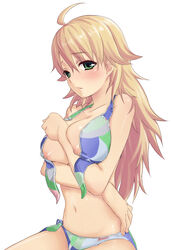 1girls areola areolae bikini blonde_hair blush breast_hold breast_squeeze breasts female green_eyes highres hoshii_miki idolmaster large_breasts long_hair miki_hoshii nipples solo swimsuit tokita_arumi