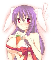 animal_ear between_breasts breasts bunny_ear carrot carrot_paizuri food_between_breasts highres large_breasts mimana purple_hair red_eyes reisen_udongein_inaba ribbon sexually_suggestive touhou