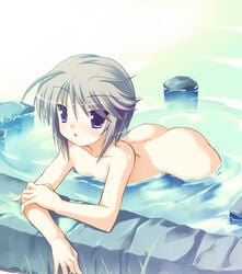 ezomori_nozomu flat_chest huge_eyes kanokon nude onsen purple_eyes safi short_hair