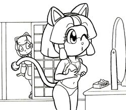 2008 2girls anthro bra breasts cat feline female francine_manx fur furry indoors line_art monochrome panties polly_esther samurai_pizza_cats shep short_hair solo_focus tagme