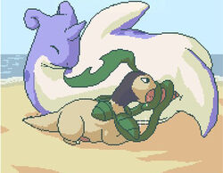 2d 9_6 bayleef beach color day fellatio feral interspecies lapras male male_only multiple_males nude oral outdoors penis pokemon pokemon_(species) yaoi