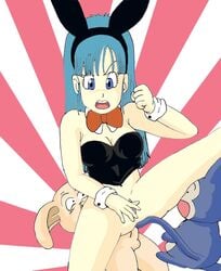 1girls bowtie bulma_(bunny) bulma_briefs bunny_costume bunny_ears bunnygirl bunnysuit bunnysuit_aside detached_collar dragon_ball female human male oolong puar straight straight_hair tagme wrist_cuffs