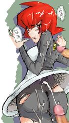 censored crying cum cumshot human human_only looking_back mars_(pokemon) mmf_threesome multiple_penises pinned pokemon red_eyes red_hair ripped_clothing short_red_hair skirt team_galactic translation_request zaitsu