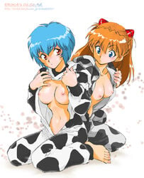 2girls animal_costume asuka_langley_sohryu barefoot blue_eyes blue_hair blush breast_envy breast_size_difference breasts clothes clothing cow_accoutrements cow_costume cow_girl cow_print feet hair long_hair medium_breasts multiple_girls navel neon_genesis_evangelion new_year nipples open_clothes open_shirt orange_hair red_eyes rei_ayanami shibata_masahiro shirt short_hair staring_at_breasts undressing