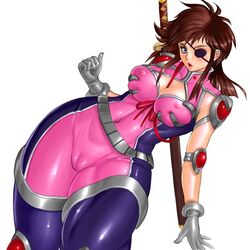 brown_hair cameltoe curvy erect_nipples eye_patch fat_mons gloves katana koutetsu_jeeg koutetsushin_jeeg latex leaning_back shiny shiny_clothes simple_background skin_tight sword weapon yagyu_mitsuko zen_and_retro