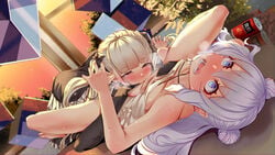 +_+ 2girls azur_lane bangs barefoot black_dress blue_eyes blunt_bangs blush breasts clothed_sex collarbone constricted_pupils criss-cross_halter cunnilingus double_bun dress dutch_angle eyebrows_visible_through_hair formidable_(azur_lane) frilled_dress frills full_body hair_between_eyes hair_ribbon half-closed_eyes halterneck heavy_breathing highres indoors le_malin_(azur_lane) le_malin_(the_knight's_true_nature)_(azur_lane) licking light_brown_hair long_hair looking_at_another looking_away lying monobe multiple_girls nose_blush on_back on_table open_mouth oral red_eyes ribbon silver_hair small_breasts spread_legs sweat symbol-shaped_pupils table tongue tongue_out top-down_bottom-up twintails two-tone_dress two-tone_ribbon very_long_hair white_dress yuri