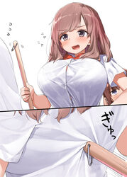 2020 2girls bangs bare_arms blush bow bowtie breasts broom brown_hair buttons clothed clothing collared_shirt eyebrows_visible_through_hair fangs female female_only fully_clothed grey_eyes highres holding holding_broom huge_breasts japanese_text kaisen_chuui long_hair multiple_girls oerba_yun_fang open_mouth original prank red_bow red_neckwear school_uniform shirt short_sleeves simple_background smile sound_effects text tongue upper_body white_background white_shirt