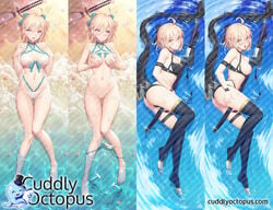 ahoge aqua_bow bangs bare_shoulders bikini bikini_lift black_bikini black_legwear blush bottomless bow breasts closed_mouth dakimakura fate/grand_order fate_(series) female hairbow katana large_breasts looking_at_viewer looking_to_the_side lying multiple_views navel nipples okita_souji_(fate)_(all) okita_souji_(swimsuit_assassin)_(fate) on_back open_mouth petals pussy shadowgrave shore short_hair smile swimsuit sword thighs tongue tongue_out water weapon white_bikini