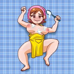 1girls apron blush breasts breasts_out cooking_mama cream_on_body cream_on_breasts fat_thighs mama_(cooking_mama) milf mob_face mother naked_apron nintendo partially_clothed pink_headwear sirlewddewd smile solo_female spoon starry_eyes thick_thighs yellow_apron