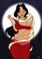 aladdin arabian arabian_clothes ass belly_dancer belly_dancer_outfit black_hair brown_eyes cleavage coils dancer dancer_outfit dancing disney disney_princess earrings enslaved_royal evil_queen_jasmine full_moon hand_on_hip harem_girl harem_outfit harem_pants jafar_harem_outfit large_breasts lufidelis moon navel nipple_slip nipples princess princess_jasmine royalty seductive seductive_smile slave slave_outfit slavegirl snake stripper stripping tiara undressing wide_hips