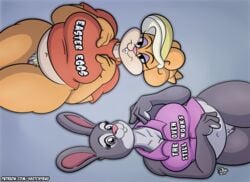 2girls anthro bbw belly big_belly bonnie_hopps bottomless breasts buckteeth clothed clothing disney duo english_text female female_only fur furry furry_only genitals holding_breast lagomorph large_breasts leporid looking_at_viewer lying mammal mature_female milf on_back overweight overweight_female partially_clothed patricia_bunny plump pubes pubic_hair pussy rabbit sketchybug teeth text the_looney_tunes_show thick thick_thighs thighs topwear voluptuous warner_brothers wide_hips zootopia