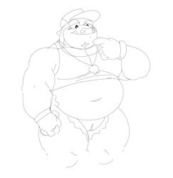 animal_genitalia anthro barawerewolf belly bottomless cloaca clothed clothing crocodile crocodilian crocodylid fupa genitals hi_res makara male male_only monochrome musclegut navel overweight overweight_male reptile scalie scar simple_background sketch solo tokyo_afterschool_summoners video_games visor_cap white_background