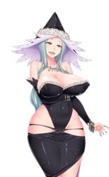 aqua_hair arm_under_breasts big_breasts clockup dress futanari_elf_kaikan_choukyou hat long_fingernails milf oohara_kyuutarou open_mouth tight_clothing wide_hips yellow_eyes