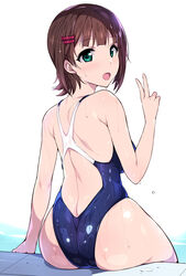 1girls amami_haruka ass brown_hair haruka_amami hidebou idolmaster looking_back one-piece_swimsuit open_mouth peace_sign school_swimsuit solo swimsuit the_idolm@ster wet