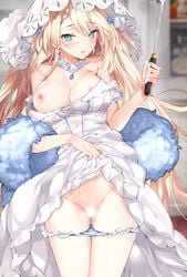 aimee_(emi) aqua_eyes bare_shoulders blue_panties blurry blush breasts censored choker commentary_request cowboy_shot depth_of_field dress earrings female frilled_panties frills fur_coat g36_(girls'_frontline) girls'_frontline hair_ornament highres hip_bones holding_ladle jewelry lace-trimmed_choker lace_trim ladle large_breasts legs_together lifted_by_self light_censor long_hair looking_at_viewer nipple_slip nipples one_breast_out panties panty_pull pendant pussy raised_eyebrows ring smile solo standing star_(symbol) star_hair_ornament underwear veil very_long_hair wedding_dress white_choker white_dress