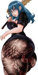 1girls ass ass_focus big_ass blue_eyes blue_hair byleth_(fire_emblem) byleth_(fire_emblem)_(female) dat_ass female female_only fire_emblem fire_emblem:_three_houses huge_ass large_ass leggings looking_back lyn_nyl nintendo noblood pantyhose solo sword sword_of_the_creator weapon