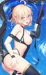 ahoge bangs bare_shoulders bikini black_bikini blush bow breasts censored fate/grand_order fate_(series) female hairbow horny horny_female katana large_breasts looking_at_viewer mosaic_censoring navel nipples okita_souji_(fate)_(all) okita_souji_(swimsuit_assassin)_(fate) open_mouth pussy shadowgrave short_hair swimsuit sword thighs tongue tongue_out water weapon