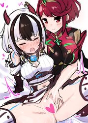 2girls black_hair blush breasts core_crystal covered_navel crossette_(xenoblade) eyes_closed female horns large_breasts masturbation medium_breasts mokki multicolored_hair multiple_girls navel nintendo open_eyes pussy pyra red_hair short_hair sweat vagina white_hair xenoblade_(series) xenoblade_chronicles_2 yuri