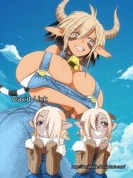 2020 3girls 5_fingers :o age_difference animal_ears artist_name big_breasts black_hair blonde_hair bovid bovine breasts breasts_bigger_than_head caprine cathyl_(monster_musume) clothed clothing colored cott_(monster_musume) cow_ears cow_girl cow_horns cowbell crossed_arms davidlink eyebrows_visible_through_hair farm female_minotaur goat_girl happy horns huge_ass huge_breasts long_ears minotaur minotaur_female minotaur_girl monster_girl monster_musume_no_iru_nichijou multicolored_hair multiple_girls open_eyes open_mouth pale_skin satyr short_hair size_difference sky smile taller_girl thick_thighs thighhighs ton_(monster_musume) twins white_hair young younger_female