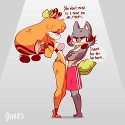 1boy 1girls anthro canid canine diives dou_(diives) embarrassed female nipple_bulge panties patreon pink_panties sideboob teasing text tiger watermark xingzuo_temple zhenzi