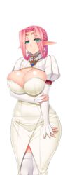 big_breasts clockup dress elf futanari_elf_kaikan_choukyou green_eyes long_hair oohara_kyuutarou pink_hair stockings